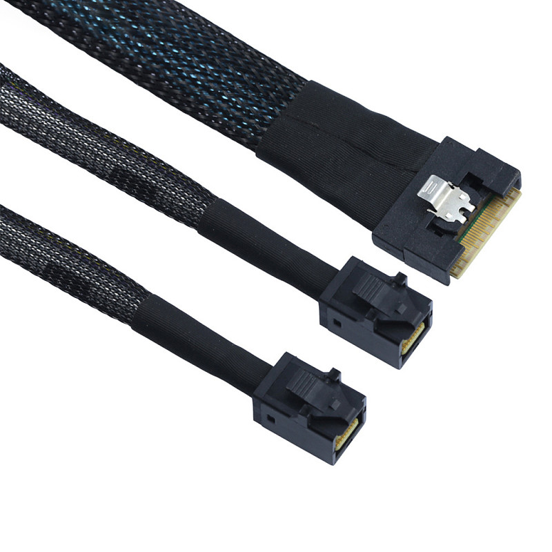 SlimSAS SFF-8654 8i to 2x SFF-8643 Server Cable - Anti-Misinsertion Full-Coverage Internal Cable for SAS 4.0 / PCIe 4.0 Storage Expansion, RAID HBA and Backplane