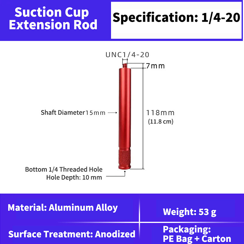 1/4  Metal Extension Arm with Universal Suction Cup - Detachable Adjustable Mount Extension Rod for Car Phone Holder, Action Camera and Dashboard