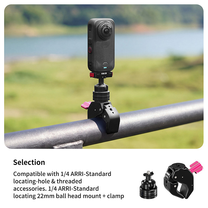 Aluminum Gear-Lock C-Clamp Mount - Universal Ball Head with 180° Tilt 360° Rotation, 1/4  Thread & Arri Hole Quick-Lock Crab Clamp for Motorcycle/Bicycle, Monitor, Fill Light, Phone Holder, Action Camera and Film Equipment, 18-40mm Clamp Range
