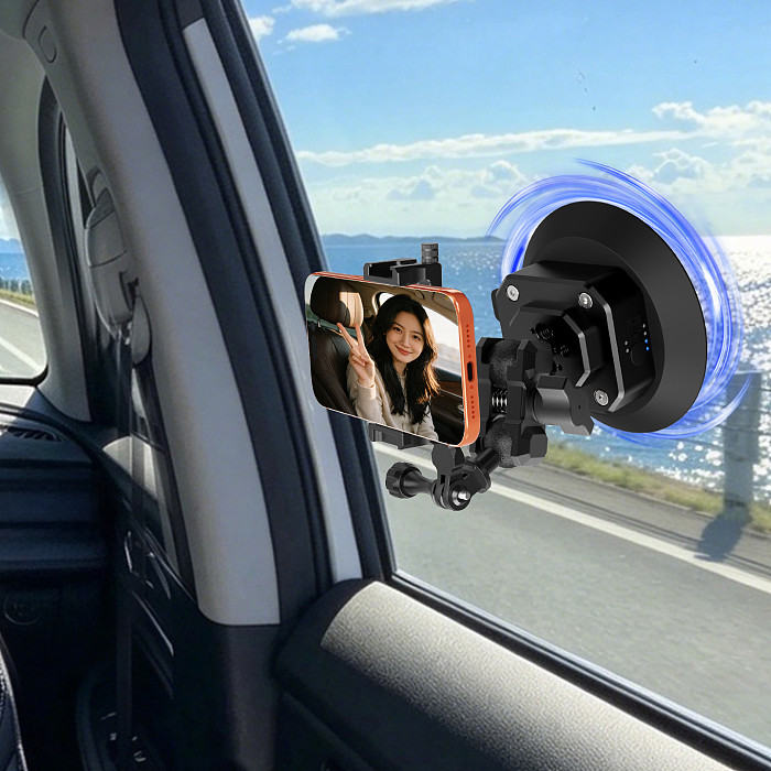 Aluminum Smart Electric Vacuum Suction Cup - Auto Re-inflate & Leak Alarm, 360° Rotatable Phone Holder (62-87mm), 1/4 /3/8  Screw, Arri-Standard Hole, 1-Inch Ball Head Magic Arm for Car Glass, Camera, Fill Light, Monitor 