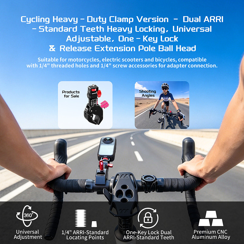 Aluminum Gear-Lock C-Clamp Mount - Universal Ball Head with 180° Tilt 360° Rotation, 1/4  Thread & Arri Hole Quick-Lock Crab Clamp for Motorcycle/Bicycle, Monitor, Fill Light, Phone Holder, Action Camera and Film Equipment, 18-40mm Clamp Range