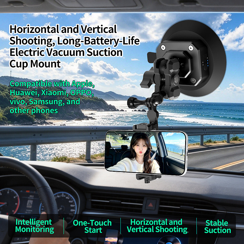Aluminum Smart Electric Vacuum Suction Cup - Auto Re-inflate & Leak Alarm, 360° Rotatable Phone Holder (62-87mm), 1/4 /3/8  Screw, Arri-Standard Hole, 1-Inch Ball Head Magic Arm for Car Glass, Camera, Fill Light, Monitor 