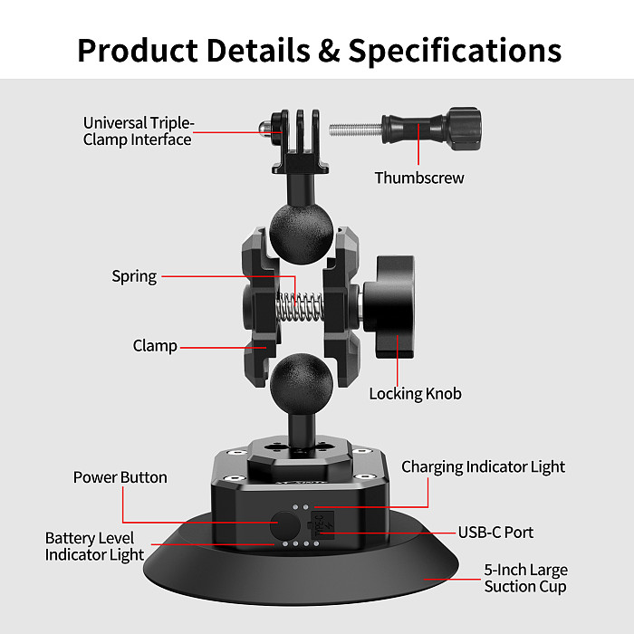 Smart Electric Vacuum Suction Cup Mount with Auto Re-inflate & Leak Alarm - Photography & Car Glass Mount with 1/4  & 3/8  Screw, Arri-Standard Hole, 1-Inch Ball Head and Cold Shoe for Phone, Camera, Monitor and Film Equipment