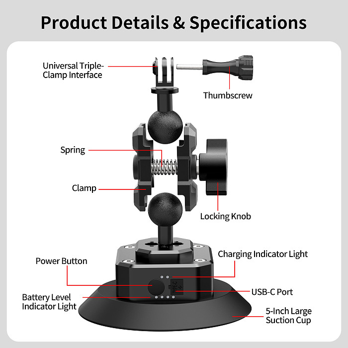 Aluminum Smart Electric Vacuum Suction Cup - Auto Re-inflate & Leak Alarm, 360° Rotatable Phone Holder (62-87mm), 1/4 /3/8  Screw, Arri-Standard Hole, 1-Inch Ball Head Magic Arm for Car Glass, Camera, Fill Light, Monitor 