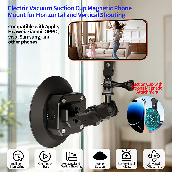 Aluminum Smart Electric Vacuum Suction Cup - Auto Re-inflate & Leak Alarm, Magnetic Phone Holder for iPhone 15/Huawei Mate 60/Xiaomi/OPPO