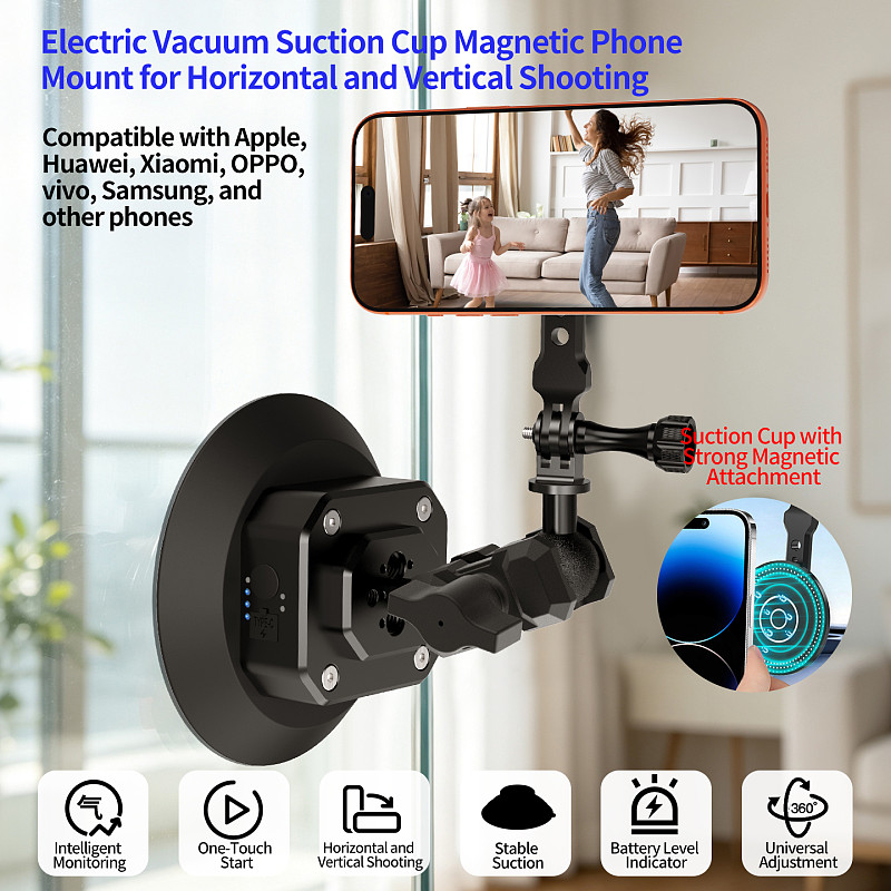 Aluminum Smart Electric Vacuum Suction Cup - Auto Re-inflate & Leak Alarm, Magnetic Phone Holder for iPhone 15/Huawei Mate 60/Xiaomi/OPPO