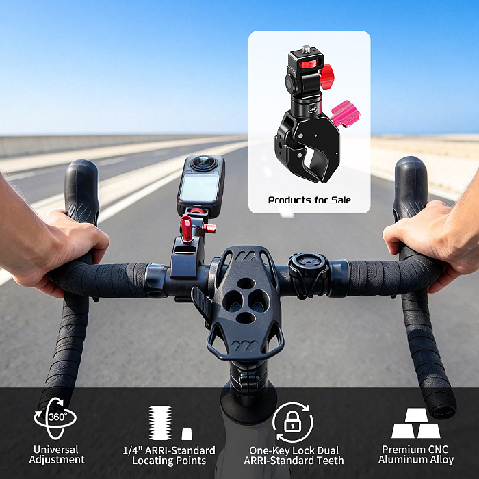 Aluminum Gear-Lock C-Clamp Mount - Universal Ball Head with 180° Tilt 360° Rotation, 1/4  Thread & Arri Hole Quick-Lock Crab Clamp for Motorcycle/Bicycle, Monitor, Fill Light, Phone Holder, Action Camera and Film Equipment, 18-40mm Clamp Range