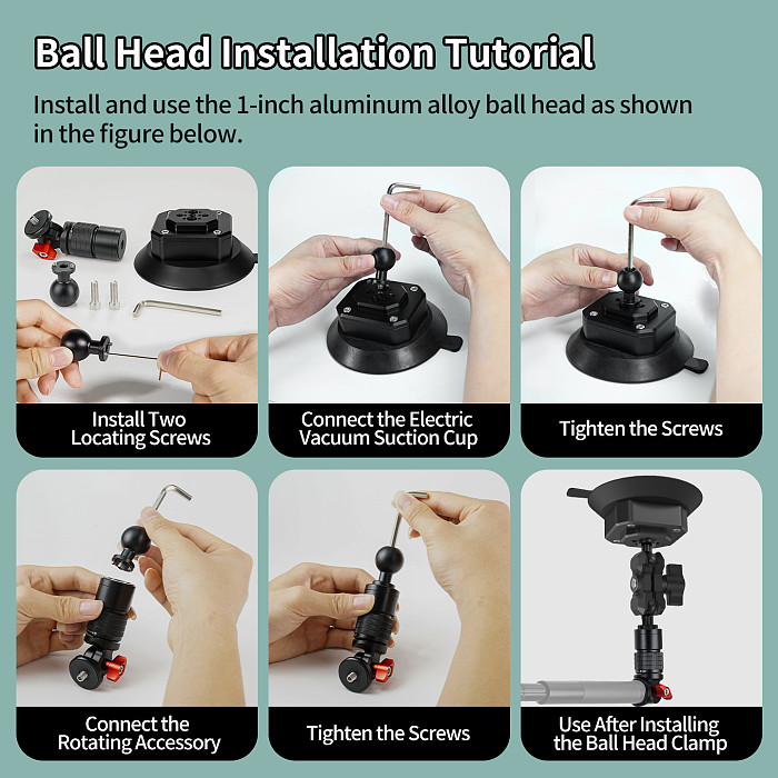 Aluminum Smart Electric Vacuum Suction Cup - Auto Re-inflate & Leak Alarm, 360° Rotatable Phone Holder (62-87mm), 1/4 /3/8  Screw, Arri-Standard Hole, 1-Inch Ball Head Magic Arm for Car Glass, Camera, Fill Light, Monitor 