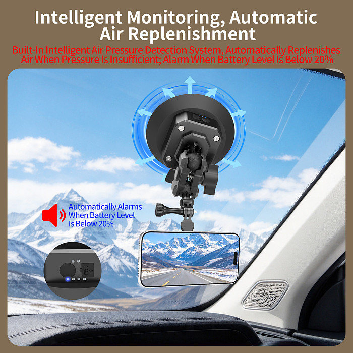 Aluminum Smart Electric Vacuum Suction Cup - Auto Re-inflate & Leak Alarm, Magnetic Phone Holder for iPhone 15/Huawei Mate 60/Xiaomi/OPPO