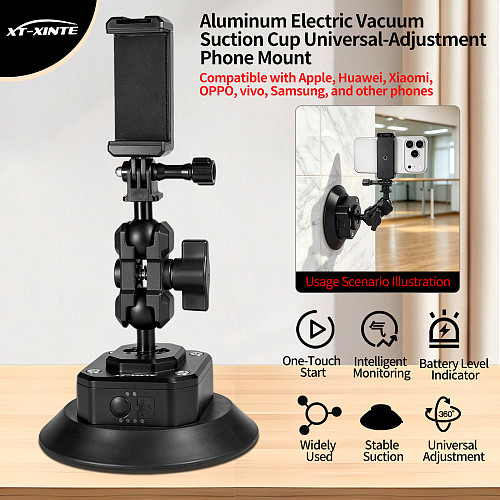 Smart Electric Vacuum Suction Cup Mount with Auto Re-inflate & Leak Alarm - Photography & Car Glass Mount with 1/4  & 3/8  Screw, Arri-Standard Hole, 1-Inch Ball Head and Cold Shoe for Phone, Camera, Monitor and Film Equipment