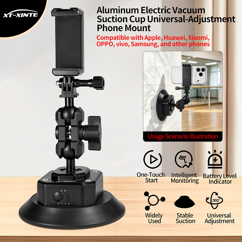 Smart Electric Vacuum Suction Cup Mount with Auto Re-inflate & Leak Alarm - Photography & Car Glass Mount with 1/4  & 3/8  Screw, Arri-Standard Hole, 1-Inch Ball Head and Cold Shoe for Phone, Camera, Monitor and Film Equipment