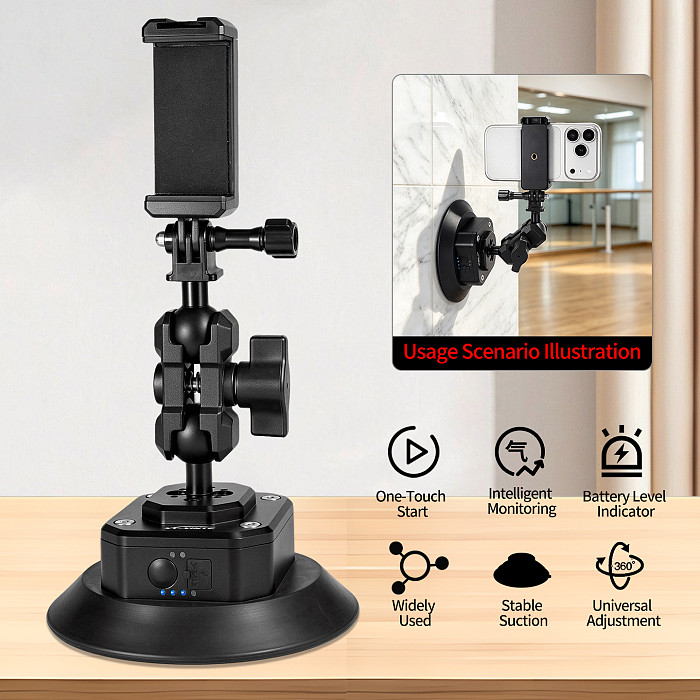 Smart Electric Vacuum Suction Cup Mount with Auto Re-inflate & Leak Alarm - Photography & Car Glass Mount with 1/4  & 3/8  Screw, Arri-Standard Hole, 1-Inch Ball Head and Cold Shoe for Phone, Camera, Monitor and Film Equipment