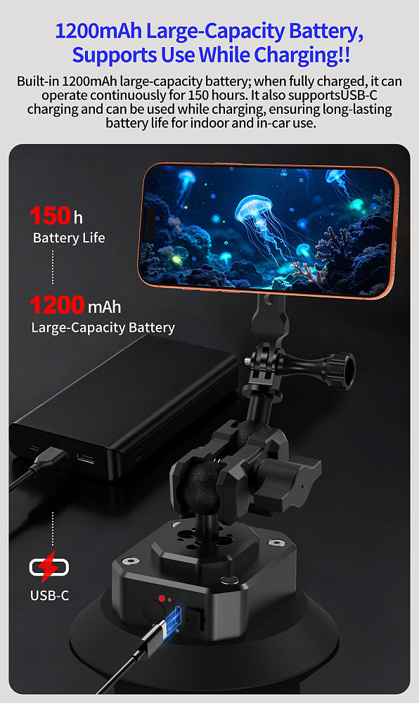 Aluminum Smart Electric Vacuum Suction Cup - Auto Re-inflate & Leak Alarm, Magnetic Phone Holder for iPhone 15/Huawei Mate 60/Xiaomi/OPPO