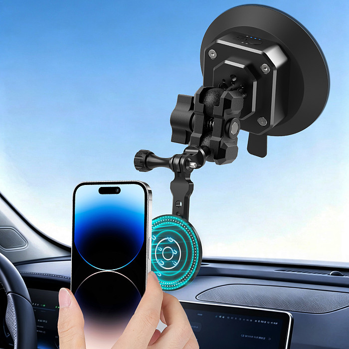 Aluminum Smart Electric Vacuum Suction Cup - Auto Re-inflate & Leak Alarm, Magnetic Phone Holder for iPhone 15/Huawei Mate 60/Xiaomi/OPPO