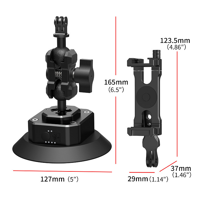 Aluminum Smart Electric Vacuum Suction Cup - Auto Re-inflate & Leak Alarm, 360° Rotatable Phone Holder (62-87mm), 1/4 /3/8  Screw, Arri-Standard Hole, 1-Inch Ball Head Magic Arm for Car Glass, Camera, Fill Light, Monitor 