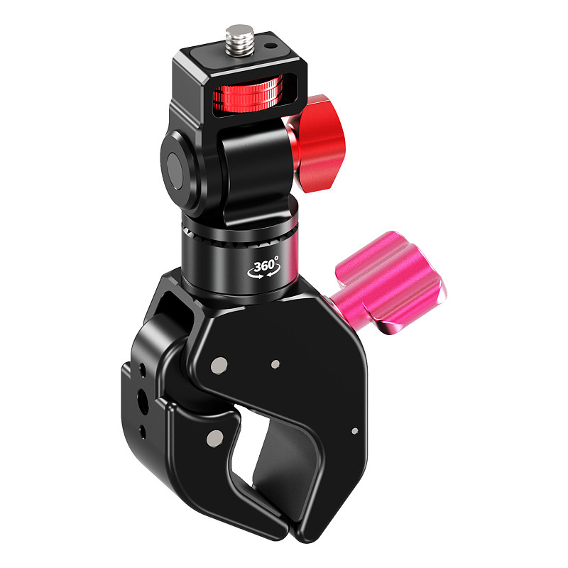 Aluminum Gear-Lock C-Clamp Mount - Universal Ball Head with 180° Tilt 360° Rotation, 1/4  Thread & Arri Hole Quick-Lock Crab Clamp for Motorcycle/Bicycle, Monitor, Fill Light, Phone Holder, Action Camera and Film Equipment, 18-40mm Clamp Range