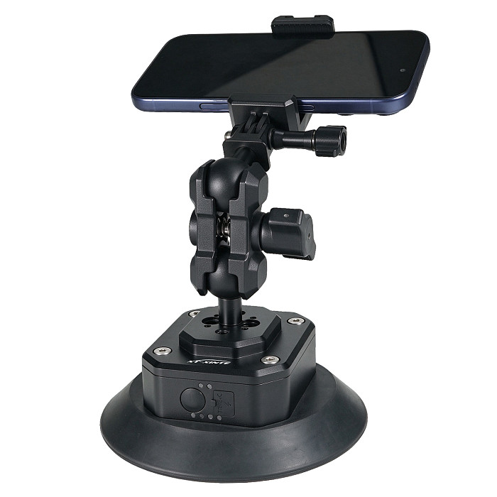 Smart Electric Vacuum Suction Cup Mount with Auto Re-inflate & Leak Alarm - Photography & Car Glass Mount with 1/4  & 3/8  Screw, Arri-Standard Hole, 1-Inch Ball Head and Cold Shoe for Phone, Camera, Monitor and Film Equipment