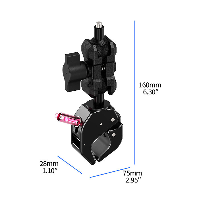 Aluminum 1-Inch Ball Head Crab C-Clamp - Quick-Lock Single-Side Knob, 1/4  Thread & Arri Hole, Ball Head Link Extension Arm for Motorcycle/Bicycle, Action Camera, Monitor, 18-40mm Tube Clamp