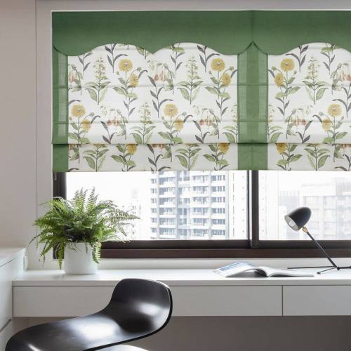 Print Polyester Roman Shade In Green