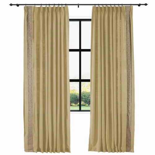 AMARA Polyester Linen Curtain Drapery With Decorative Trim Custom Sold Per Pair