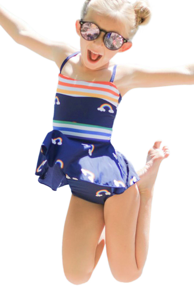 Rainbow Stripes Print Peplum Little Girls Swimsuit