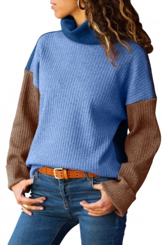 3other rBlue wutu Brown Color Patchwork Ribbed High Neck Sweater