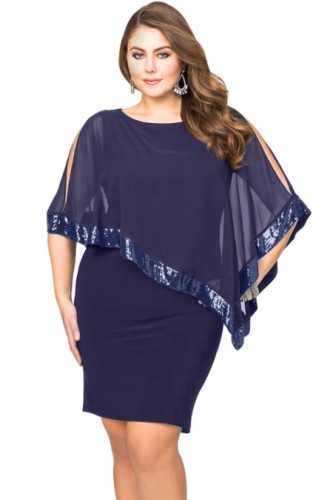 color & size Navy duo skuno Blue Sequined Mesh Overlay Plus Size Poncho Dress
