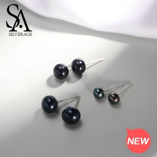 SA SILVERAGE 925 Sterling Silber Süßwasser Perlen Runde Stud Ohrringe für Frau Schwarz Perle Ohrringe 925 Silber Edlen Schmuck