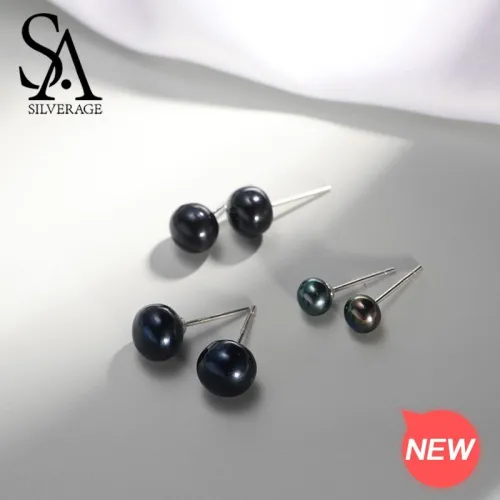 SA SILVERAGE 925 Sterling Silber Süßwasser Perlen Runde Stud Ohrringe für Frau Schwarz Perle Ohrringe 925 Silber Edlen Schmuck