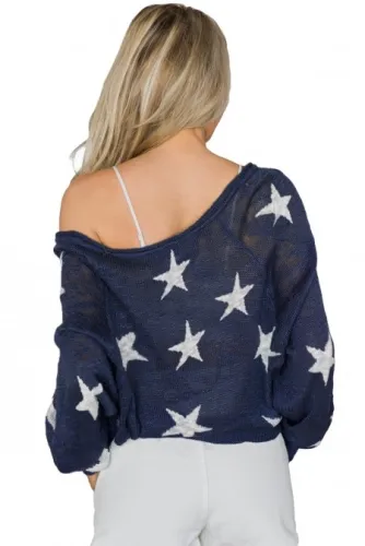 size miaoshu  Blue Stars Pattern Knit Sweater