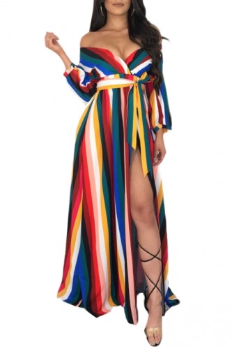 size&other&color duo Rainbow Striped Off Shoulder Belted Maxi Jumpsuit