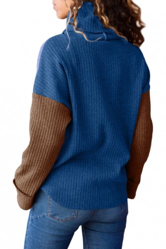 3other rBlue wutu Brown Color Patchwork Ribbed High Neck Sweater