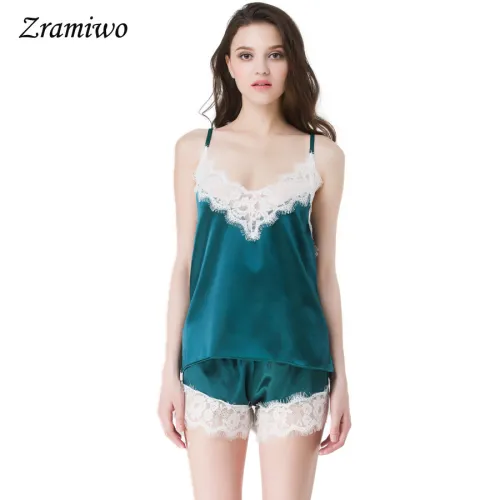 Satin Pajamas Set Lace Trim Pijama Short Pant Sexy Cami Bridal Sleepwear Sets For Women