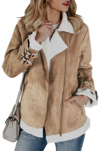 Khaki dan Faux Suede Jacket with Zipper Pockets