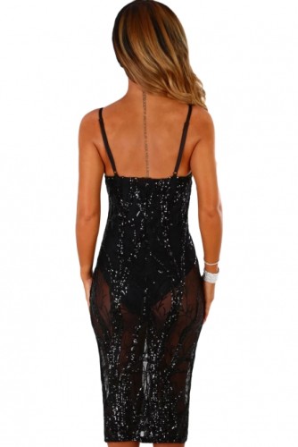 Black Sheer Sequined Midi Bodysuit Dress