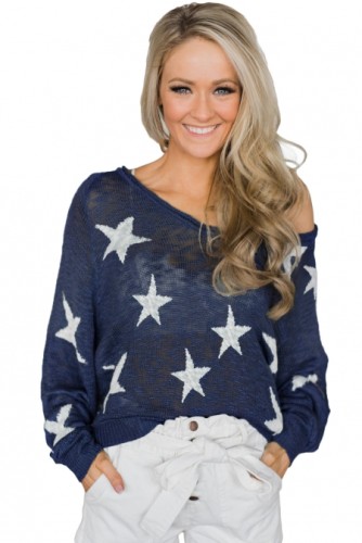 size miaoshu  Blue Stars Pattern Knit Sweater