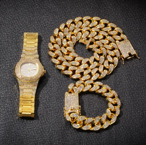 gold silver cuban links chains mens iced out watch necklace for boys hip hop CZ bling jewelry sets