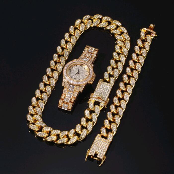 gold cuban links chains necklaces iced out watch CZ diamond bling hip hop jewelry sets
