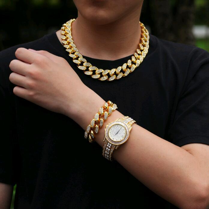 gold cuban links chains necklaces iced out watch CZ diamond bling hip hop jewelry sets