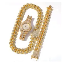 gold cuban links chains necklaces iced out watch CZ diamond bling hip hop jewelry sets
