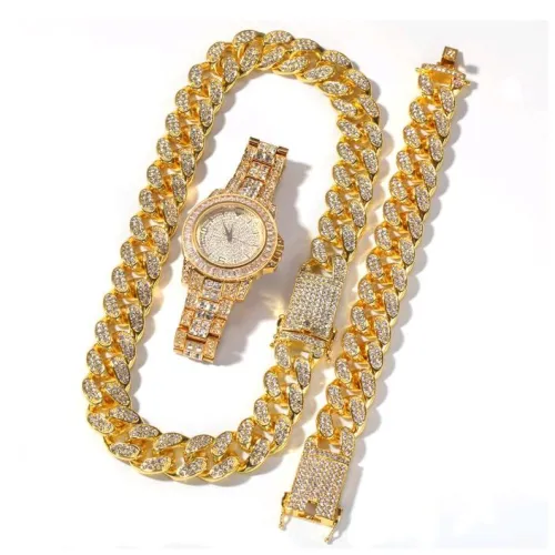 gold cuban links chains necklaces iced out watch CZ diamond bling hip hop jewelry sets