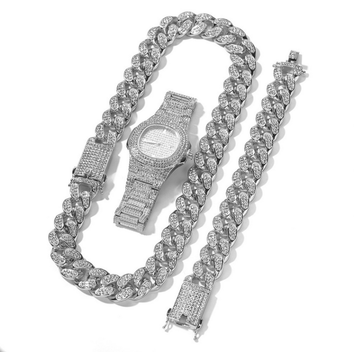 gold silver cuban links chains mens iced out watch necklace for boys hip hop CZ bling jewelry sets