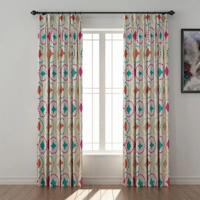 Geometric Print Polyester Linen Curtain Drapery FLAMINGO
