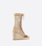 Naughtily-D Wedge Ankle Boot Cream Fishnet and Embroidered Cotton