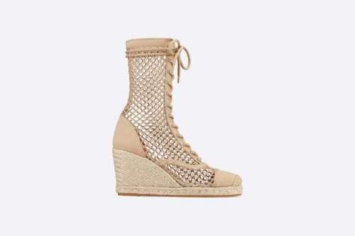 Naughtily-D Wedge Ankle Boot Cream Fishnet and Embroidered Cotton