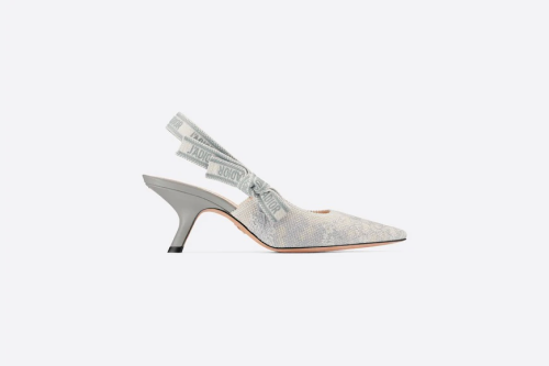 J'Adior Slingback Pump Gray and Ecru Embroidered Cotton with Toile de Jouy Motif