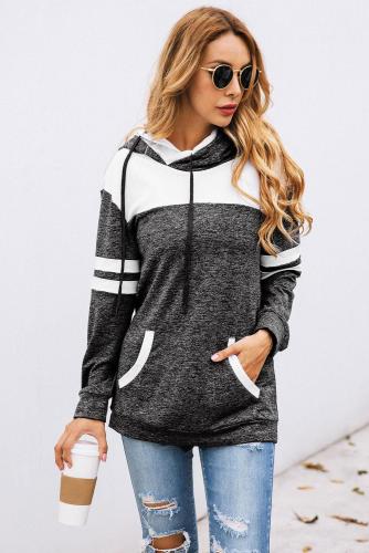 Black Color Block Pullover Hoodie with Pocket