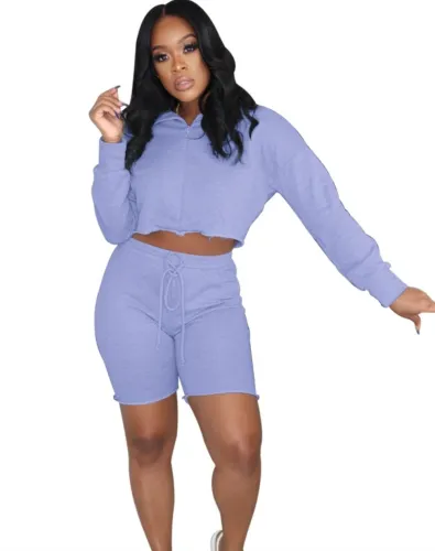 Autumn Solid Color Hoody Crop Top and Shorts Set