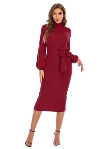 Falls Elegant Plain Midi Dress with Belt