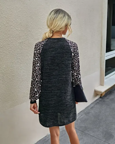 Autumn O Neck Shirt Dress with Leopard Sleeves